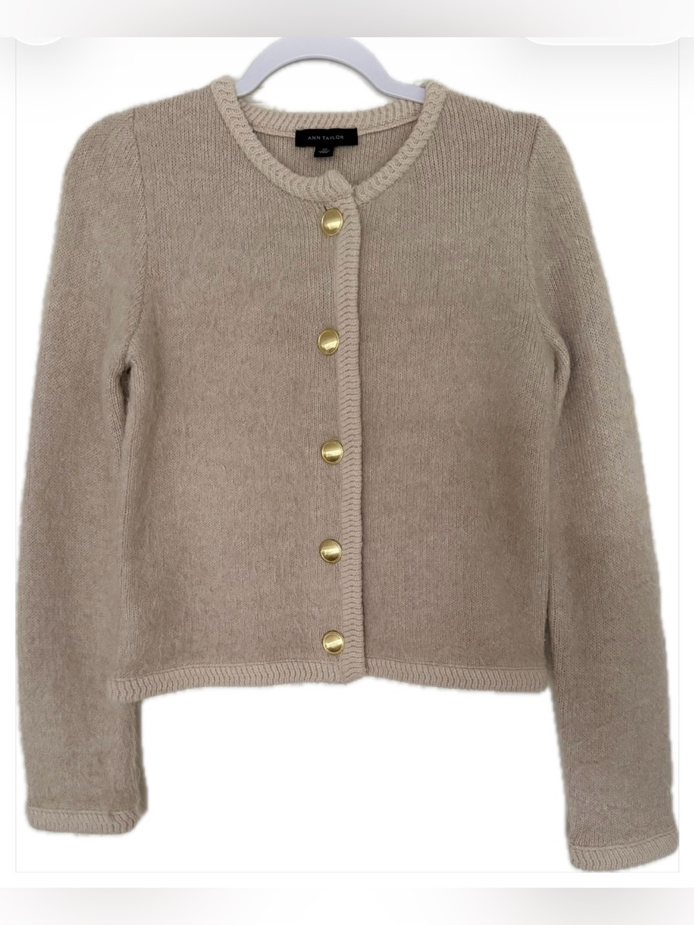 Ann Taylor Old Money Taupe Lady Jacket Cardigan Sweater Gold Buttons XS